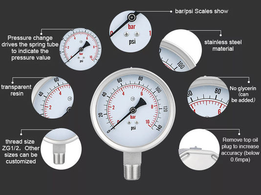 Σύνδεση νήματος WZ 100mm 304SS Μηχανογράφος πίεσης από ανοξείδωτο χάλυβα Κώδικας κυλινδρικής κεφαλής